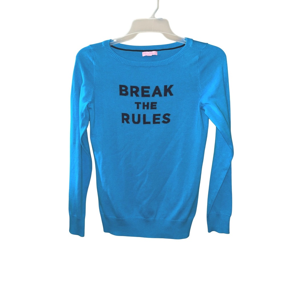 Lilly Pulitzer Break The Rules Blue Cotton Knit Graphic Sweater Womens Medium